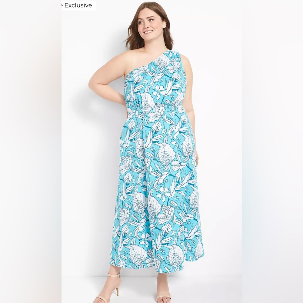 Lane Bryant Blue and White Floral One Shoulder Maxi Dress
